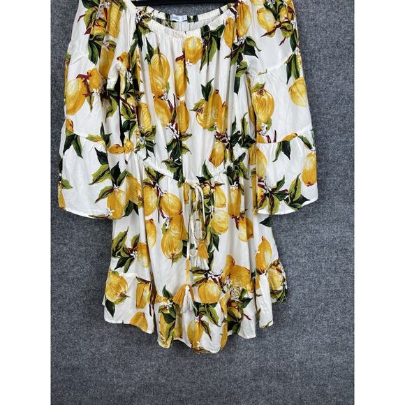 Blue island Mini Dress Size Large Lemon Print Off the Shoulder Bell-Sleeve - Picture 3 of 10